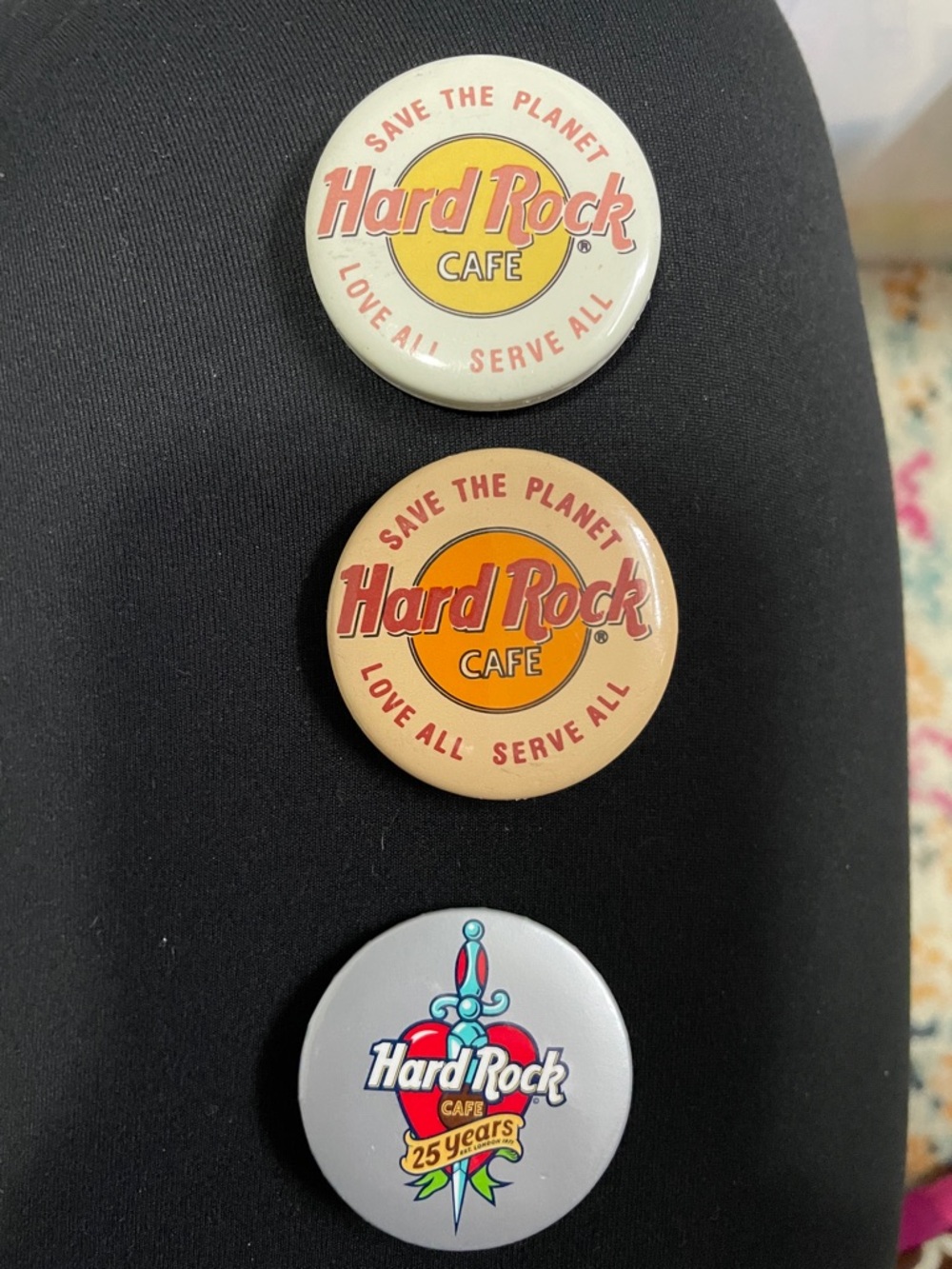 Hard Rock Cafe Round Logo Pins in White, Tan, and Gray